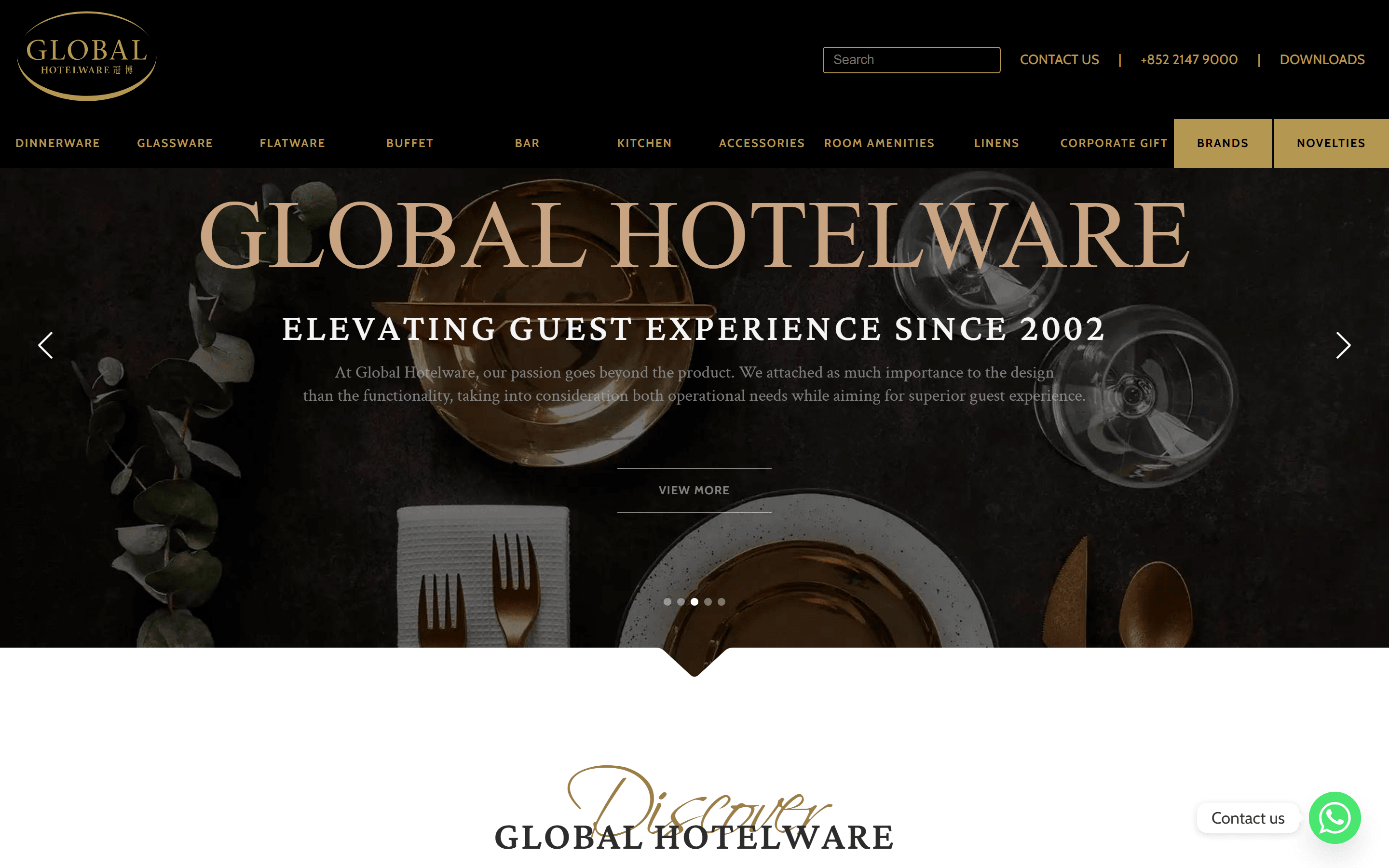 Global Hotelware homepage after the upgrade, with the WhatsApp button in the corner