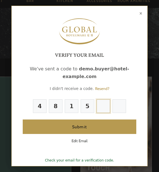 Verify your email window with six digit code boxes