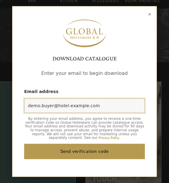 Download Catalogue window asking for an email address