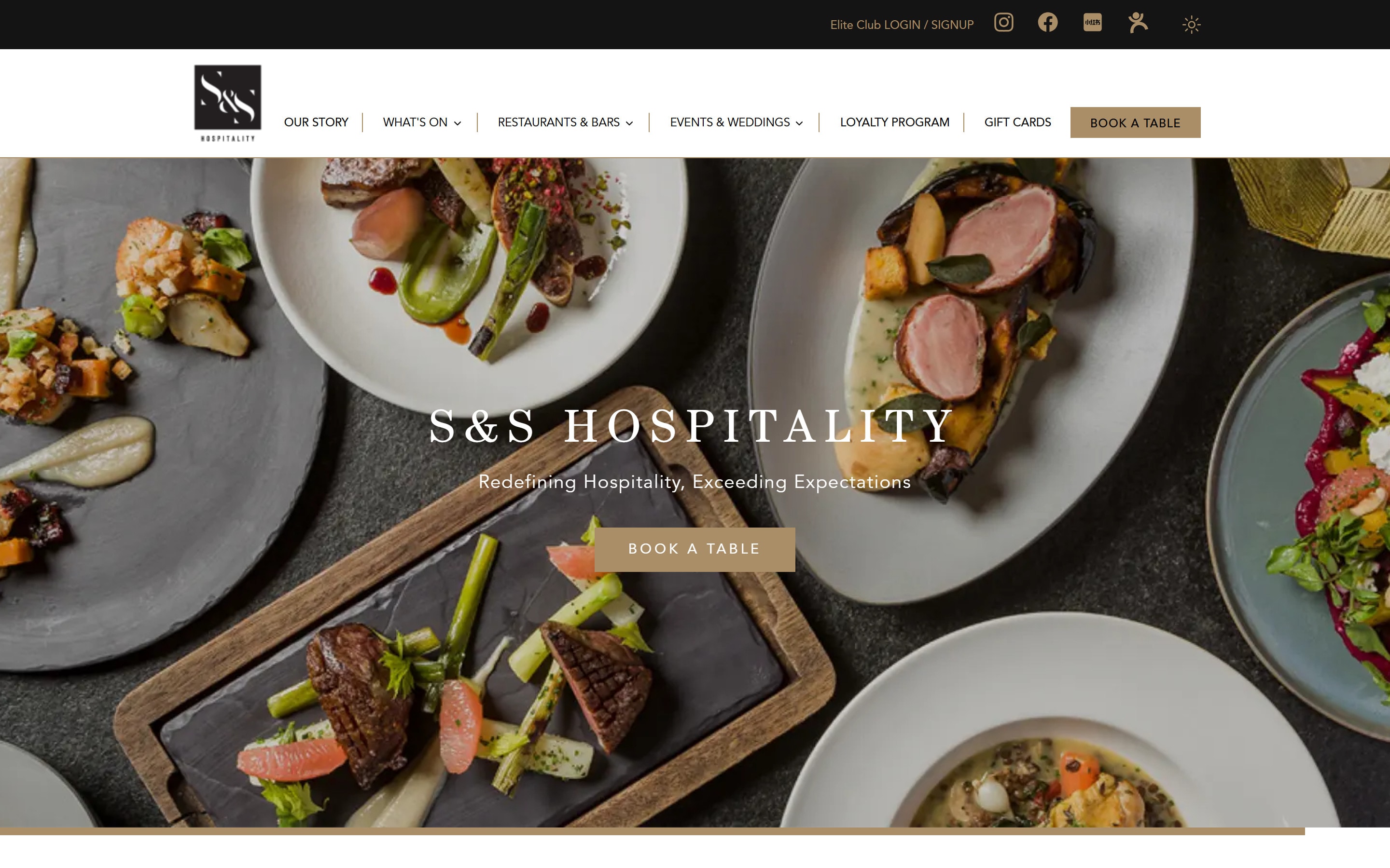 S&S Hospitality homepage: Redefining Hospitality, Exceeding Expectations, with a Book a table button