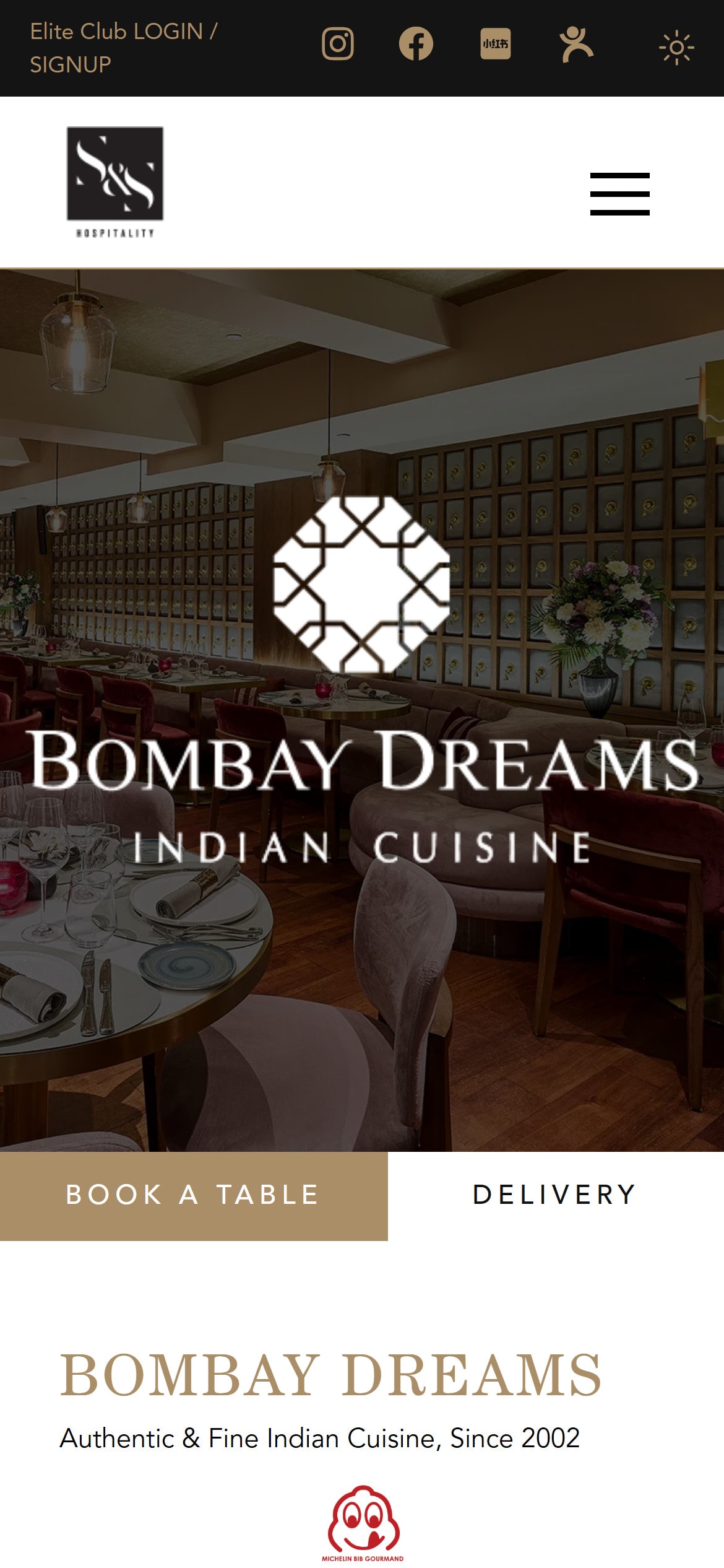 Bombay Dreams restaurant page on a phone