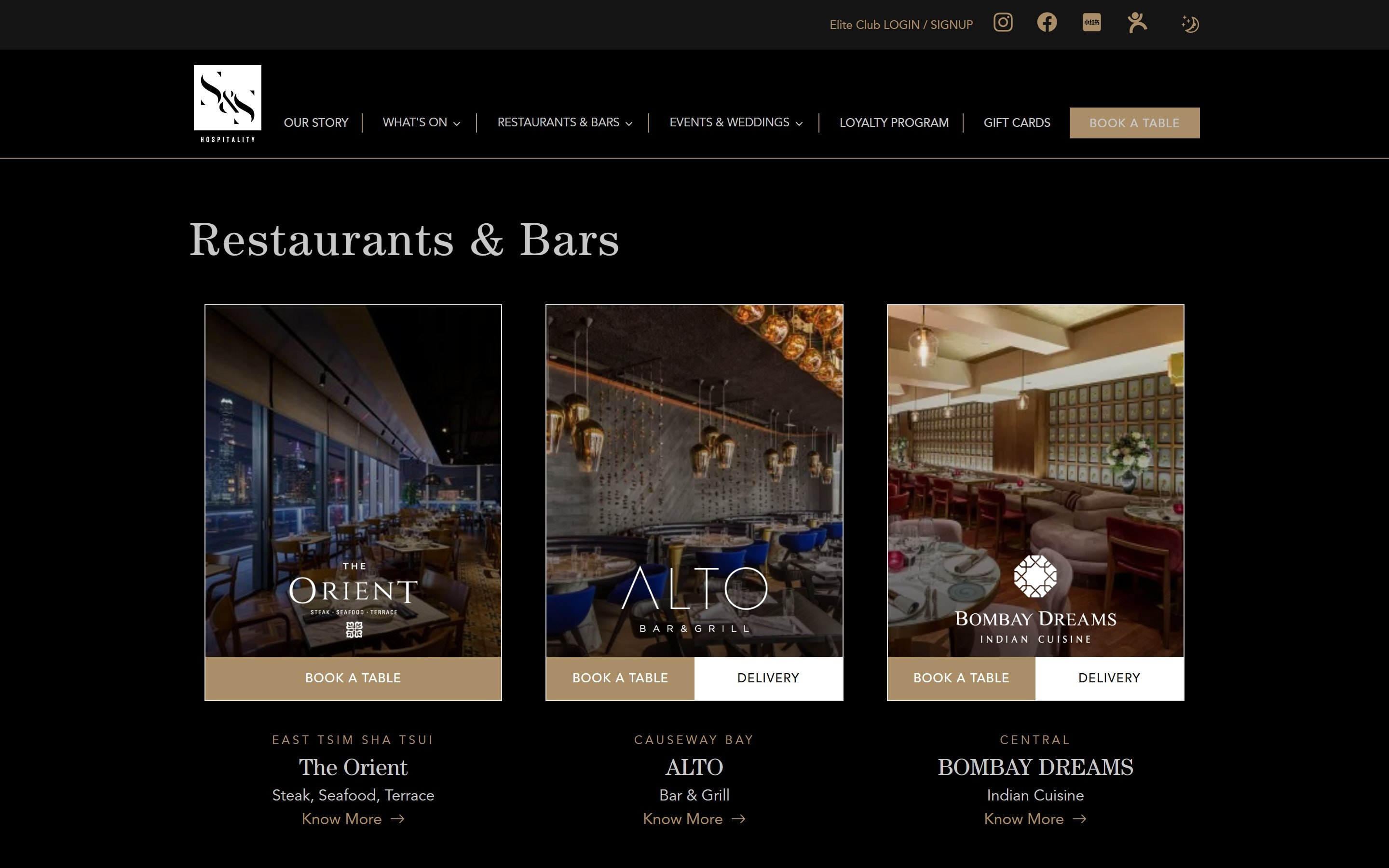 Restaurants & Bars page in the dark theme