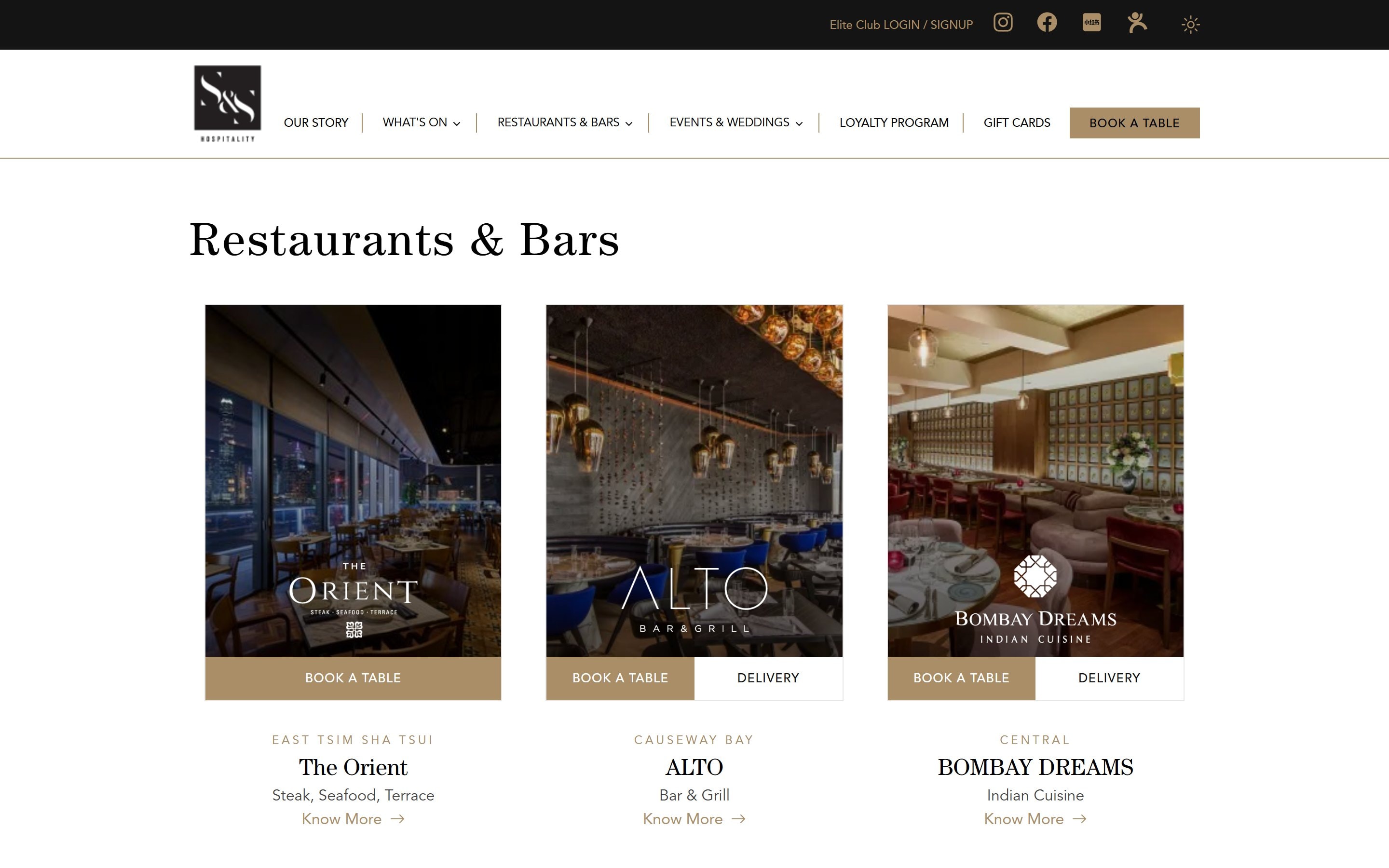 Restaurants & Bars page in the light theme